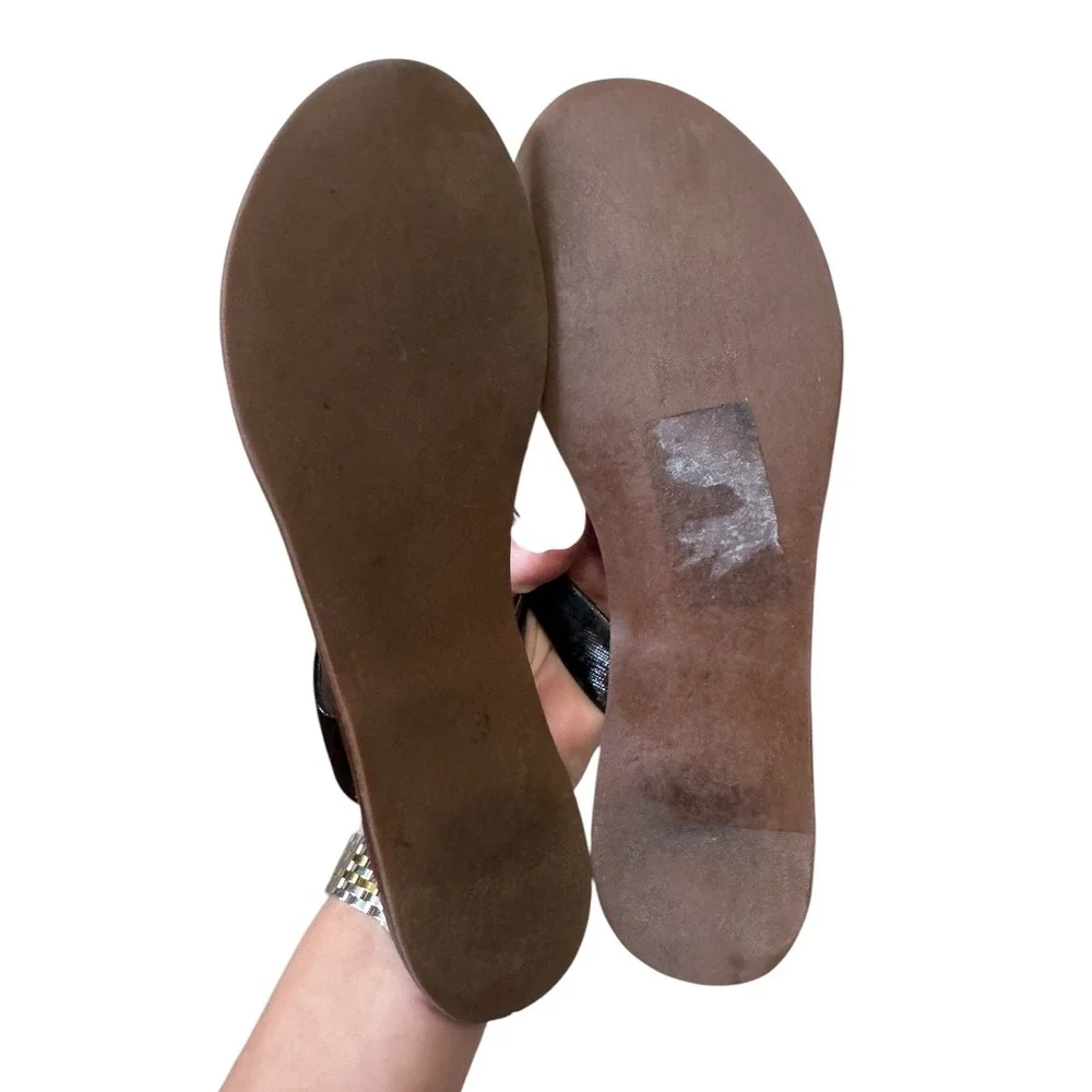 Tory Burch Miller Black Patent Leather Thong Sandals Brown Gold Logo Medallion